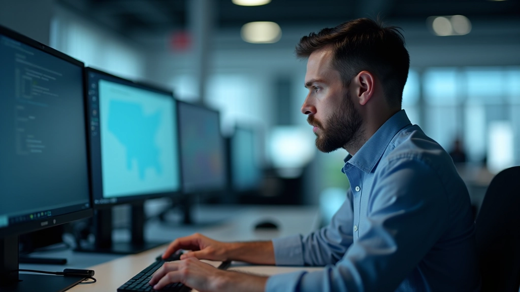 Vīrietis analīzē datus ar AI palīdzību, datorekrānā redzami grafiki un statistika