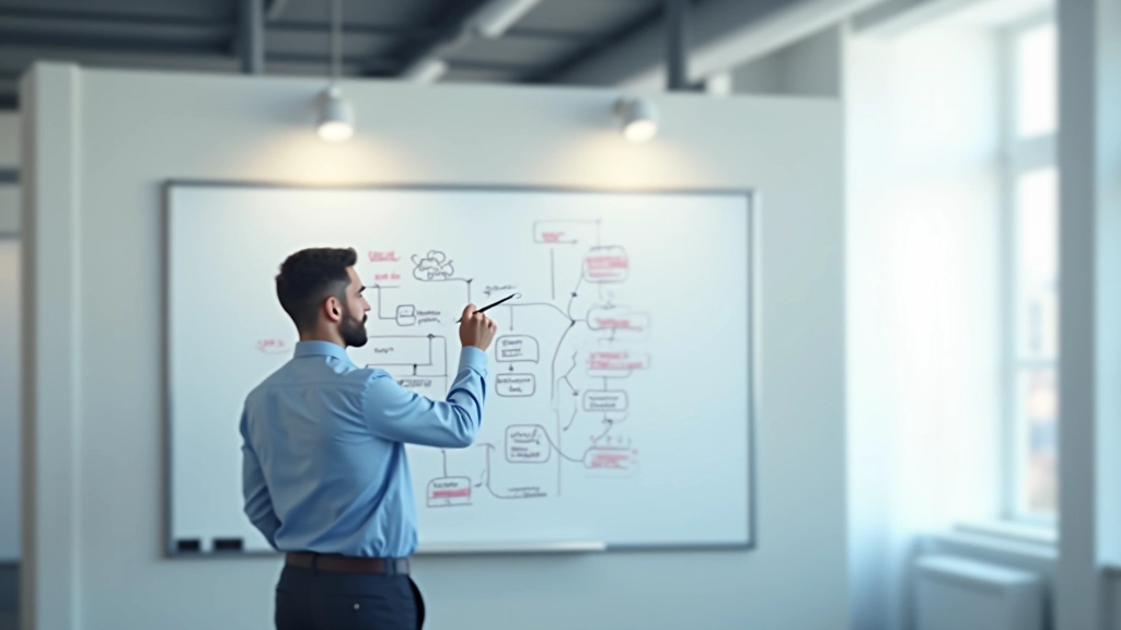 Vīrietis pie whiteboard ar plānošanas shēmu, kurā redzami procesu diagrammas